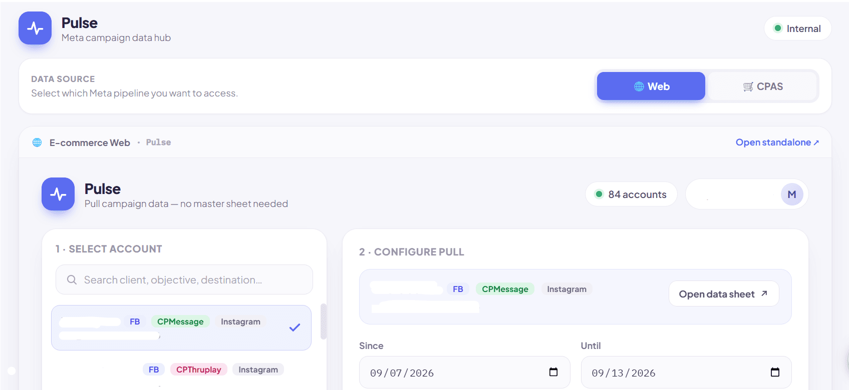 Pulse dashboard with account selection and custom data pull controls