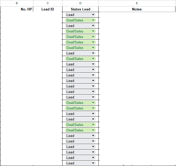Sanitized Google Sheets lead tracker showing lead and confirmed sale statuses