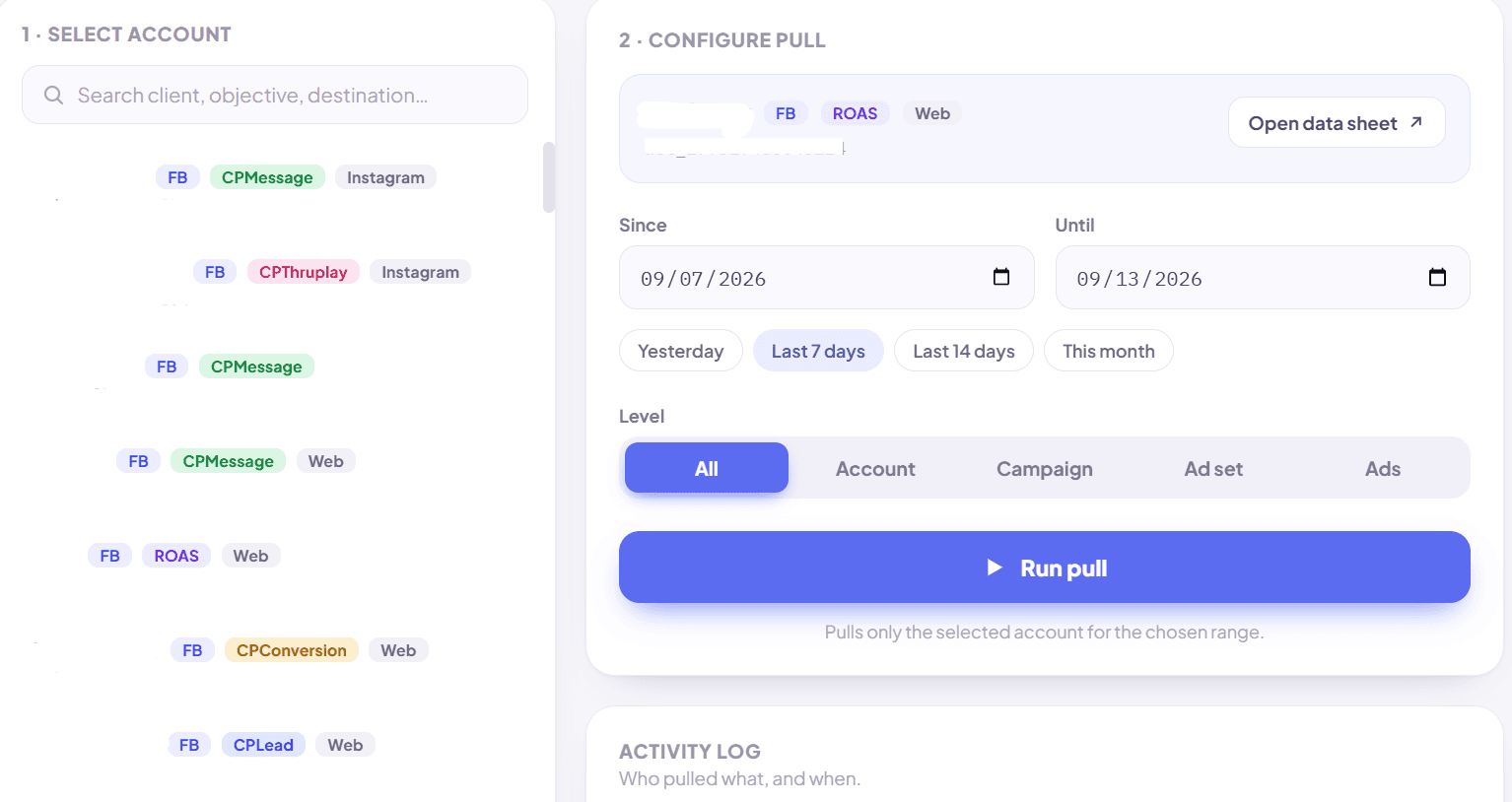 Pulse pull configuration showing date-range and reporting-level controls