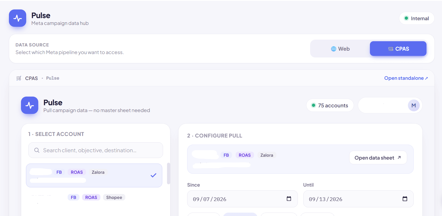 Pulse CPAS dashboard with the CPAS data source and account list