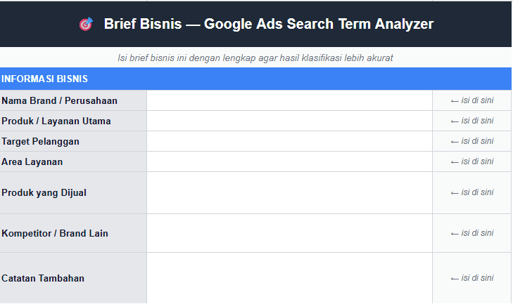 Google Sheets business brief for the Search Term Analyzer with fields for the brand, offering, audience, service area, competitors, and notes