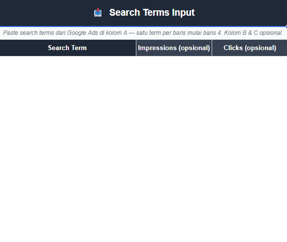 Google Sheets search term input with optional impressions and clicks columns